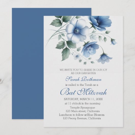 Invitation Élégant Floral Blue Girl Bat mitzvah (Devant / Derrière)
