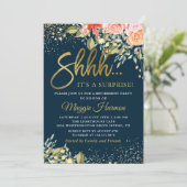 Invitation Élégant Floral Blue Gold Surprise Retraite Party (Debout devant)