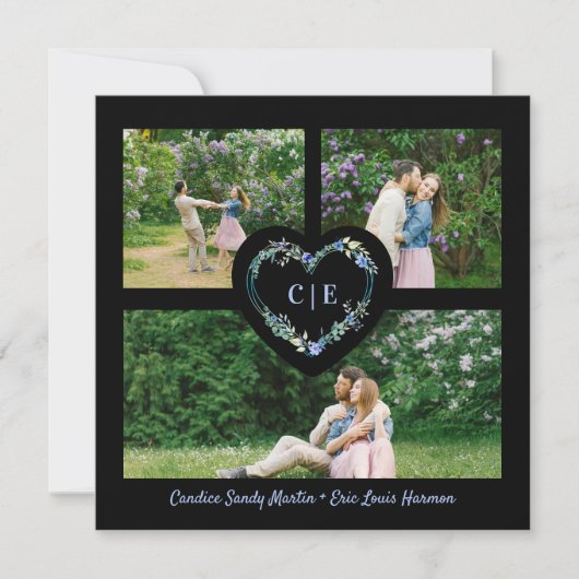 Invitation Elégant Floral Blue Heart 3 Photos Fiançailles (Devant)
