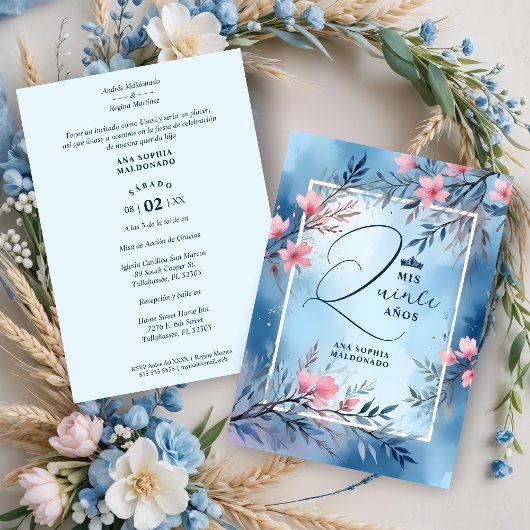 Invitation Elegant Floral Blue & Pink Romantic Frame XV's