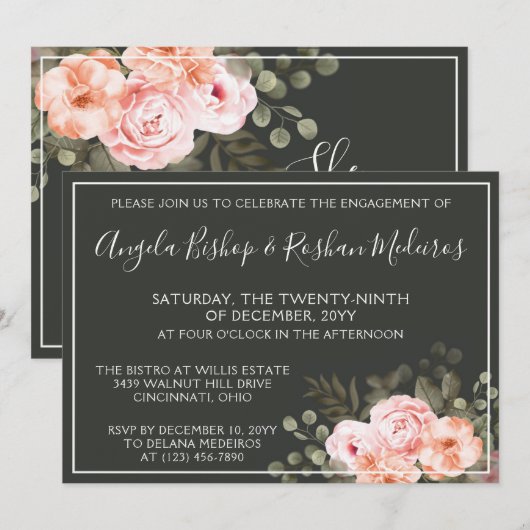 Invitation Élégant Floral Blush Botanical Engagement Party (Devant / Derrière)