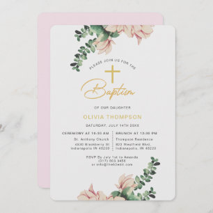 Invitation Elégant floral Blush et Gold Girl Baptism
