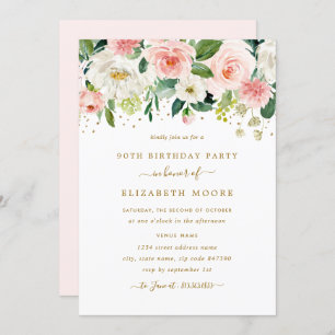 Invitation Elégant floral Blush Gold 90e anniversaire