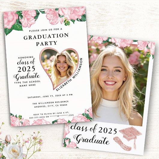 Invitation Élégant Floral Blush rose et blanc Graduation