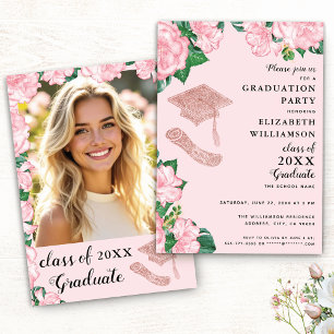 Invitation Élégant Floral Blush Rose et Rose Gold Graduation
