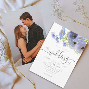 Invitation Élégant floral bohème bleu en aquarelle pour photo