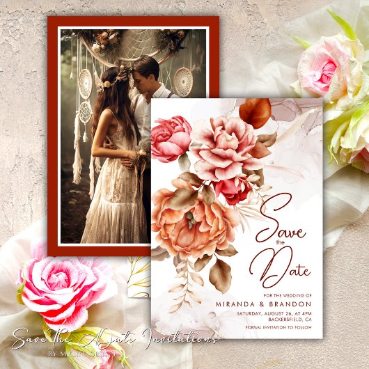 Invitation Elégant Floral Boho Photo Sauvez la date