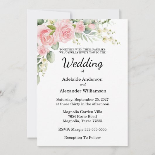 Invitation Elegant Floral Botanical Rose Pink Wedding (Devant)