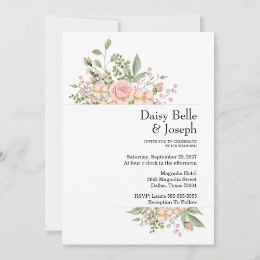 Invitation Elegant Floral Botanical Rose Pink Wedding (Devant)