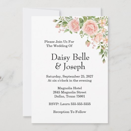 Invitation Elegant Floral Botanical Rose Pink Wedding (Devant)