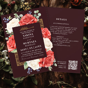 Invitation Elégant Floral Bourgogne musulman Mariage QR Code