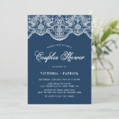 Invitation Elégant floral Brocade dentelle bleu Couples Douch (Debout devant)