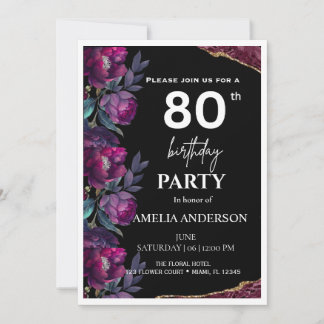 Invitation Élégant Floral Burgundy Noir 80e Anniversaire 