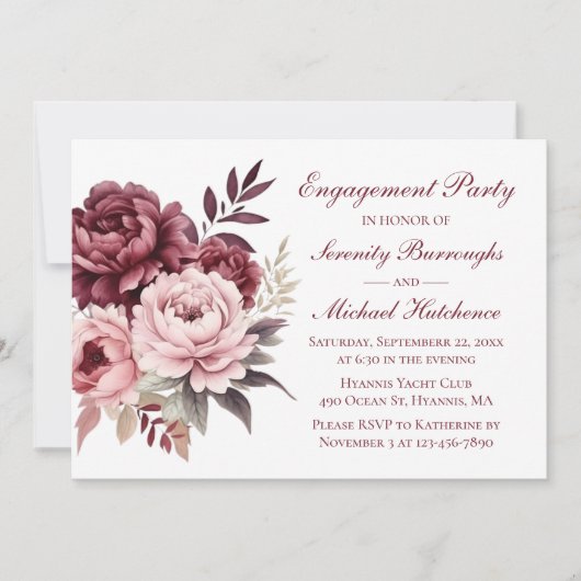 Invitation Élégant Floral Burgundy Peony Mariage Fiançailles (Devant)