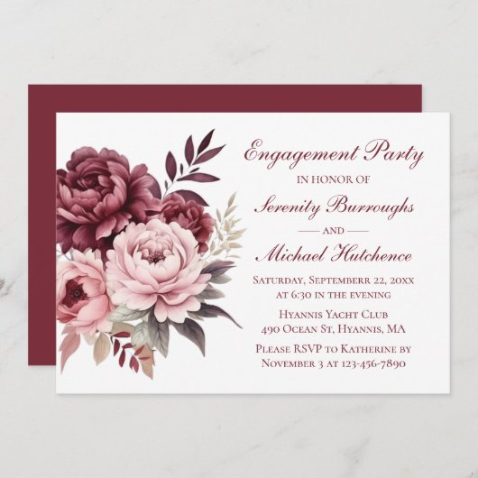 Invitation Élégant Floral Burgundy Peony Mariage Fiançailles (Devant / Derrière)