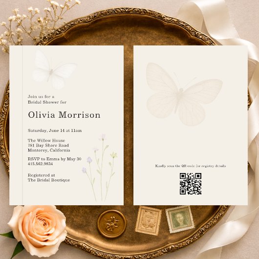 Invitation Elegant Floral Butterflies QR Code Bridal Shower