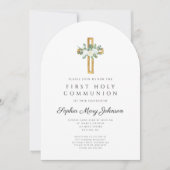 Invitation Elegant Floral Cross Girl First Holy Communion (Devant)