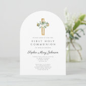 Invitation Elegant Floral Cross Girl First Holy Communion (Debout devant)