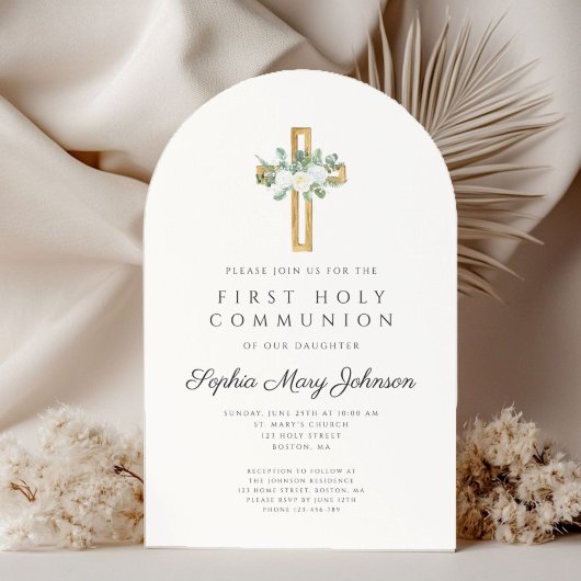 Invitation Elegant Floral Cross Girl First Holy Communion