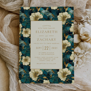Invitation Élégant Floral Dark Turquoise Cream Mariage or