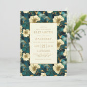 Invitation Élégant Floral Dark Turquoise Cream Mariage or (Debout devant)