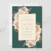 Invitation Élégant Floral Dark Turquoise Rose or Mariage ivoi (Devant)
