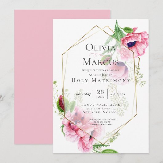 Invitation Élégant floral de pavot rose de printemps (Devant / Derrière)