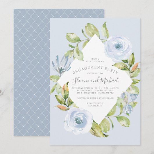 Invitation Élégant Floral Diamond Dusty Blue Engagement Party (Devant / Derrière)