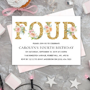 Invitation Élégant Floral Doré Pailleté QUATRE 4ème Anniversa