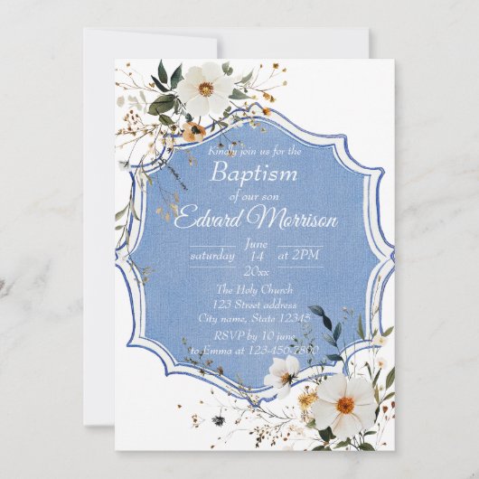 Invitation Élégant floral Dusty Baptême bleu (Devant)