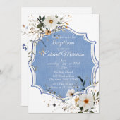 Invitation Élégant floral Dusty Baptême bleu (Devant / Derrière)