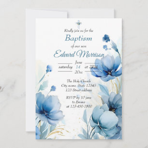 Invitation Élégant floral Dusty Baptême bleu