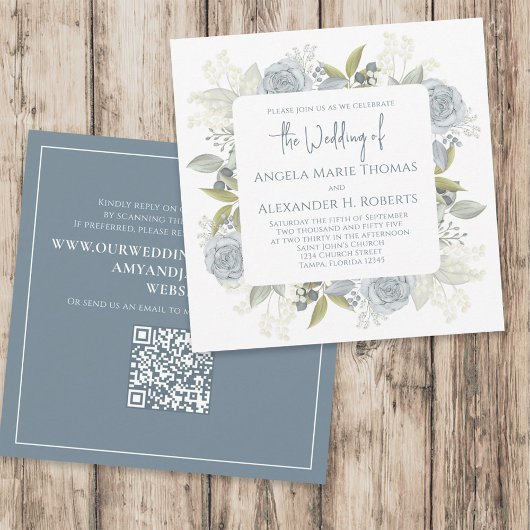 Invitation Elégant Floral Dusty Blue Classic Rose QR Code