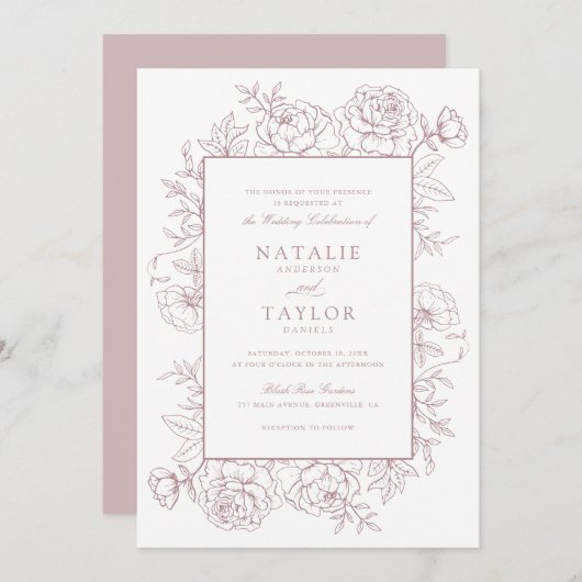 Invitation Élégant floral Dusty Blush Roses Mariage de cadre (Devant / Derrière)