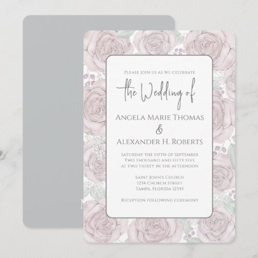 Invitation Elégant floral Dusty Rose classique aquarelle (Devant / Derrière)