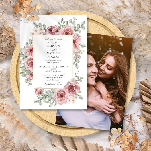 Invitation Elégant Floral Dusty Rose Gold Mariage Photo