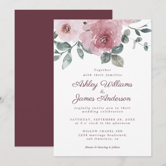 Invitation Élégant Floral Dusty Rose rose Mariage Bourgogne (Devant / Derrière)