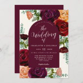 Invitation Elégant Floral Fall Bourgogne Burnt Orange Mariage (Devant / Derrière)