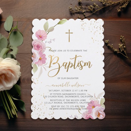 Invitation Élégant floral fille Baptême