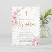 Invitation Élégant floral fille Baptême (Debout devant)