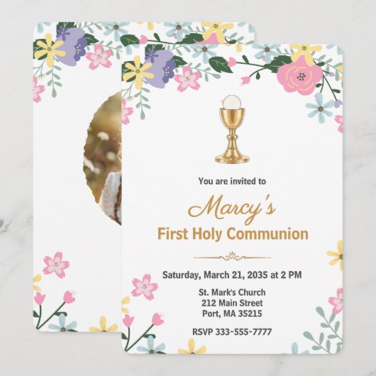 Invitation Elegant Floral First Holy Communion Photo  (Devant / Derrière)