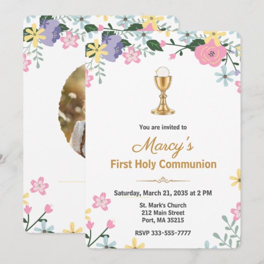 Invitation Elegant Floral First Holy Communion Photo (Devant / Derrière)