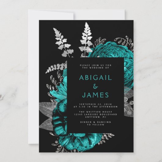 Invitation Élégant floral foncé Turquoise argent QR Code Mari (Devant)