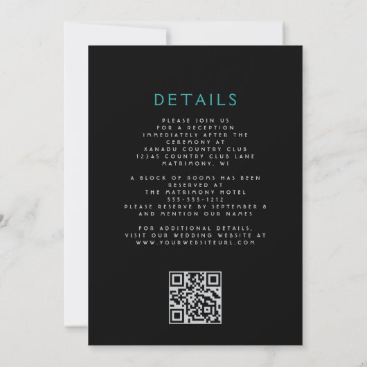 Invitation Élégant floral foncé Turquoise argent QR Code Mari (Dos)