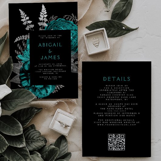 Invitation Élégant floral foncé Turquoise argent QR Code Mari