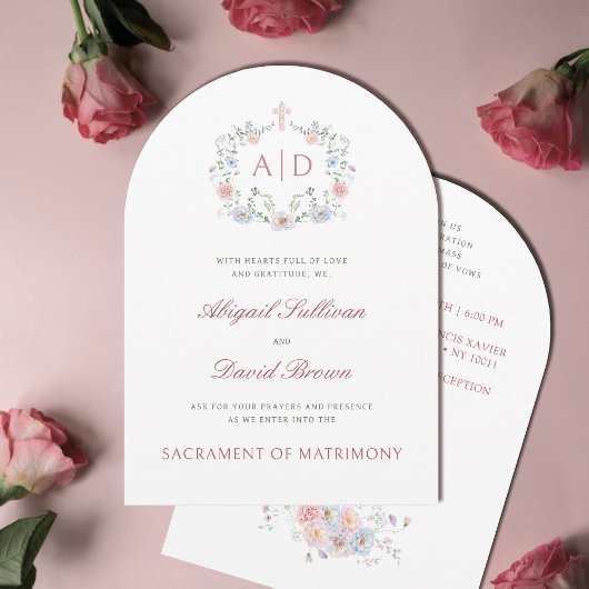 Invitation Elegant Floral Frame Monograms Catholic Wedding