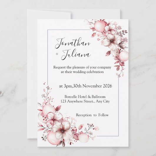 Invitation Elegant Floral Frame with Soft Pink Blossoms (Devant)