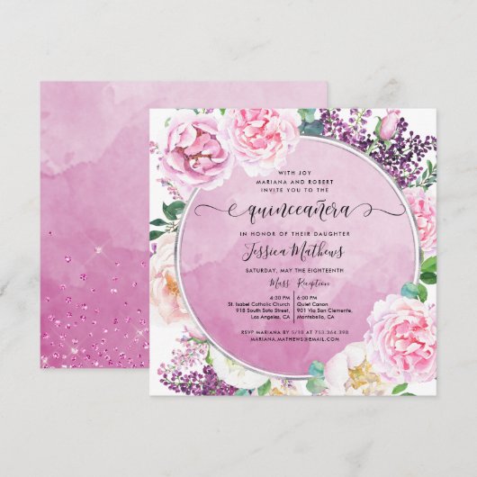 Invitation Elégant floral Fuchsia, aquarelle Quinceañera (Devant / Derrière)