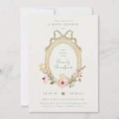 Invitation Elegant Floral Girl Sage Bow Framed Baby Shower (Devant)