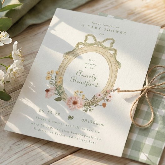 Invitation Elegant Floral Girl Sage Bow Framed Baby Shower